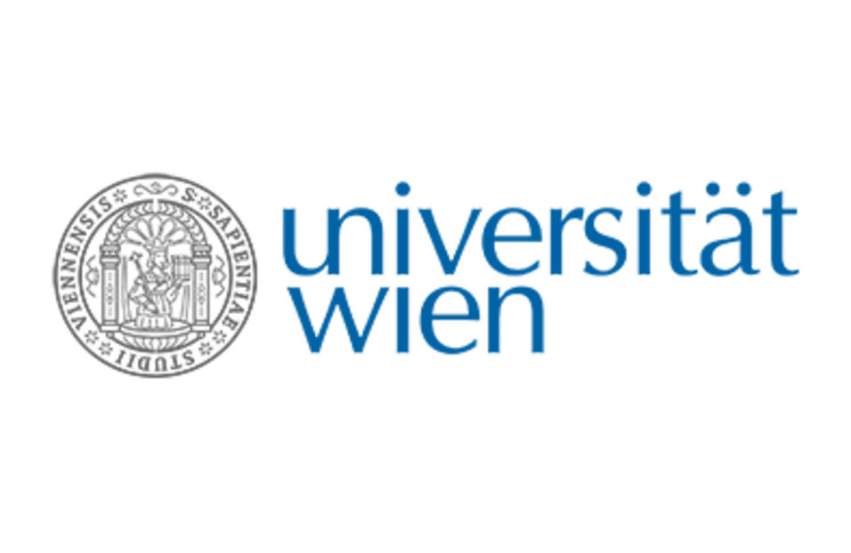 Rundsiegel der Alma Marta Rudolphina mit danebenstehenden Schruiftzug Universität Wien in Blau (Siegel der Universität Wien)